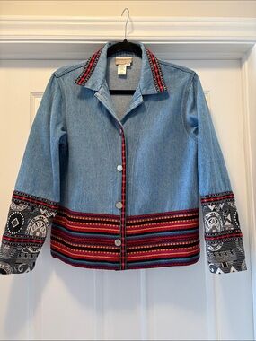 Coldwater Creek Blue Denim Jacket with Red & Black Embroidered Trim